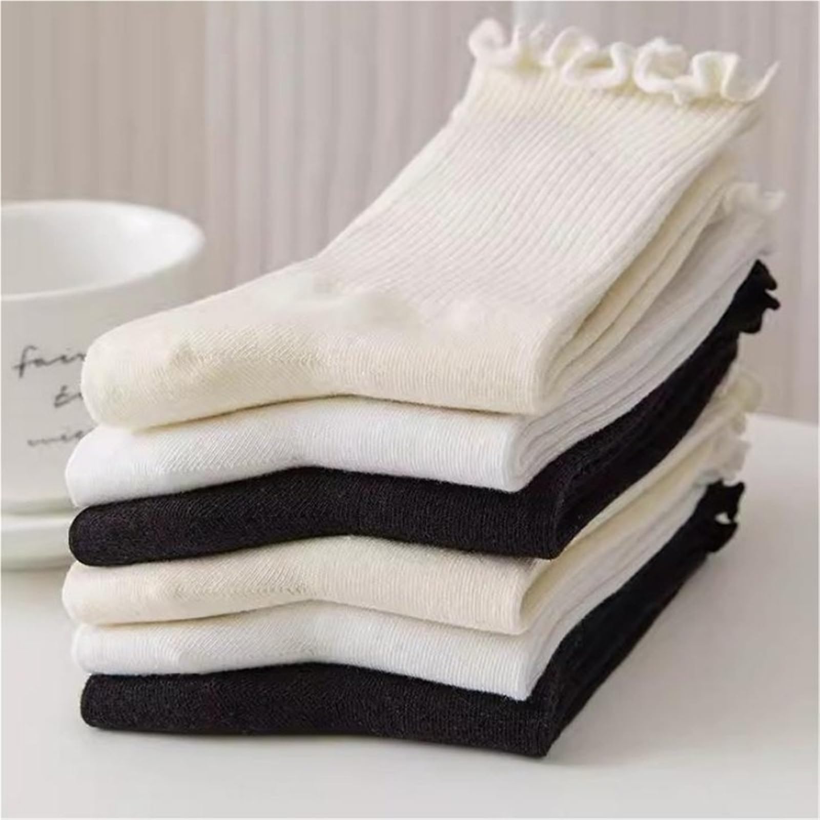 Calzini Donna Corti Set di Due Pezzi di Calze plissettate Tinta Unita da Donna, Calze di Media Lunghezza, CALZINO Donna(Black White)