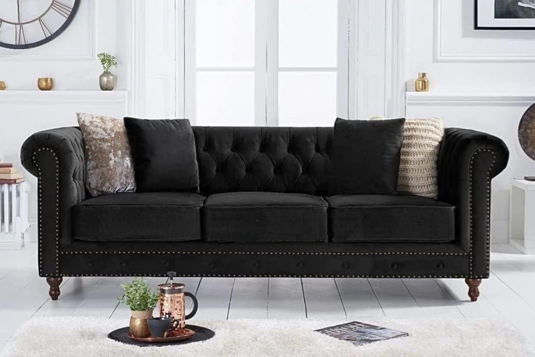 Modern & Stylish 3 Seater Sofa Velvet & Fabric Tufted Chesterfield Stylish Sofa for Living Room, Dining Room, Home, Hallway & Office Colour-(Black-V).-image-28