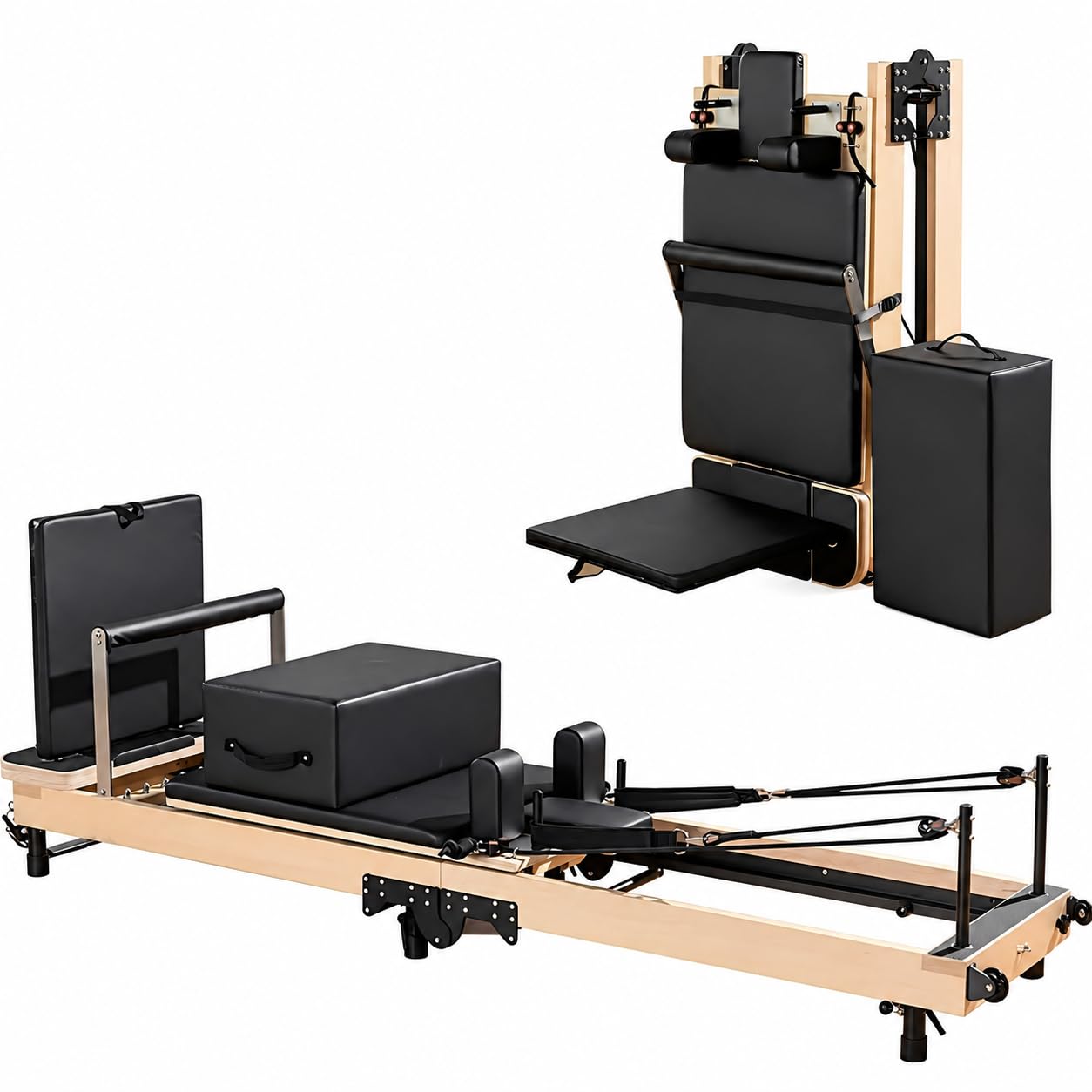 Reformer F1 – Macchina Pilates Pieghevole Professionale per Casa e Studio, in Legno d’Acero Nero, con Molle e Accessori Completi