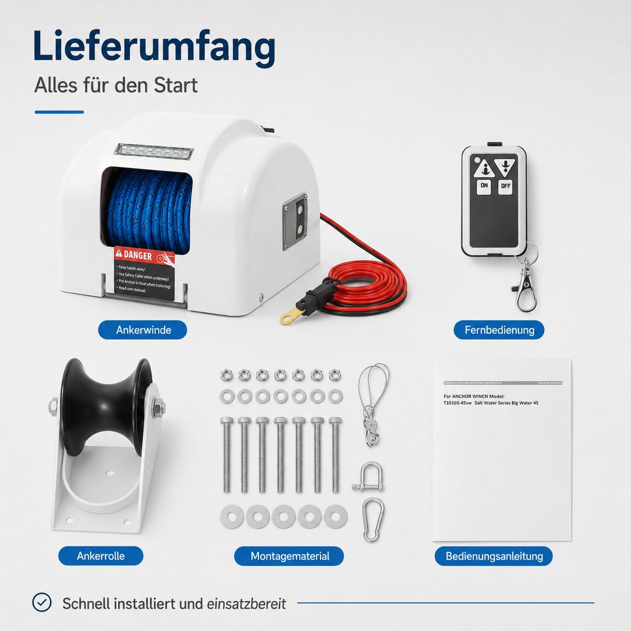 Anker Boot Elektrische Ankerwinde 12V mit Fernbedienung, Elektrische Seilwinde für Boote mit 30 m Nylonseil, Belastbarkeit bis 20 kg, Bootsanker Winde für Schnellboote Fischerboote Motorboote
