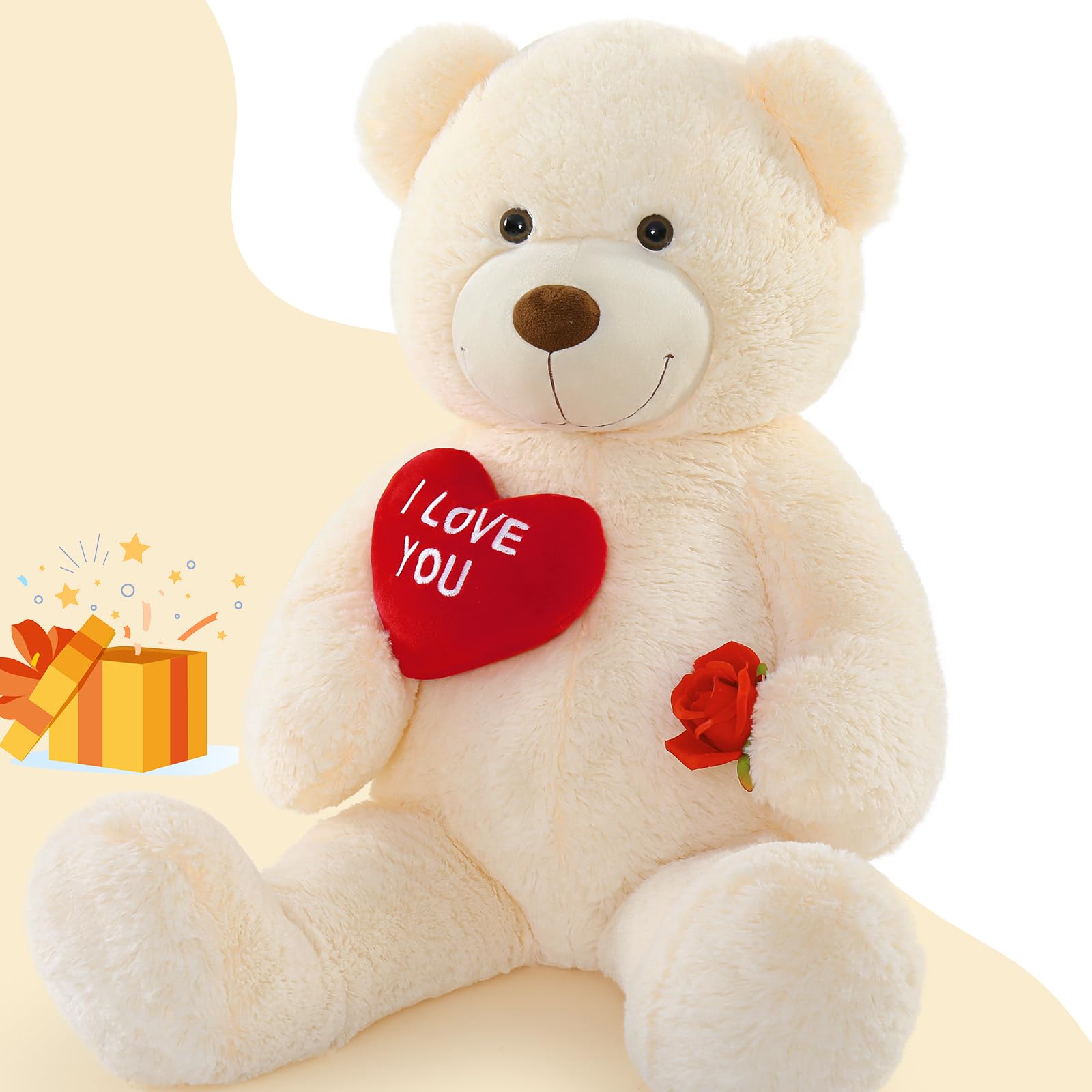 MorisMos 90cm/36in Cute I LOVE YOU Teddy Bear, Large Cuddly Super Soft Teddybear, Fluffy Stuffed Teddys Plush Toy Gifts for Kids Girls Wife Girlfriend Birthday, Party Decor 3ft Ivory