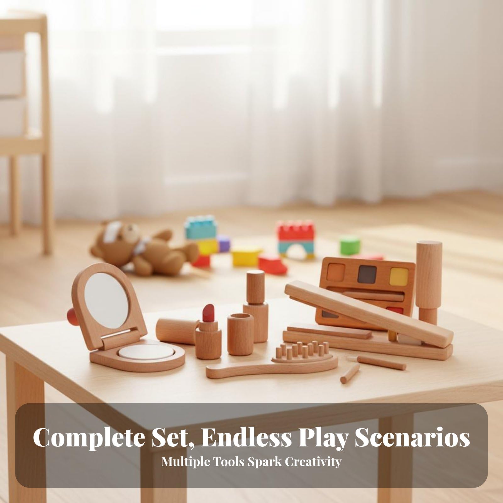 Giocattolo Trucco Bambini Set Trucchi Parrucchiera Valigetta Trucco Piastra Capelli Specchio Rossetto Pettine Borsa Legno per Coordinazione Mano