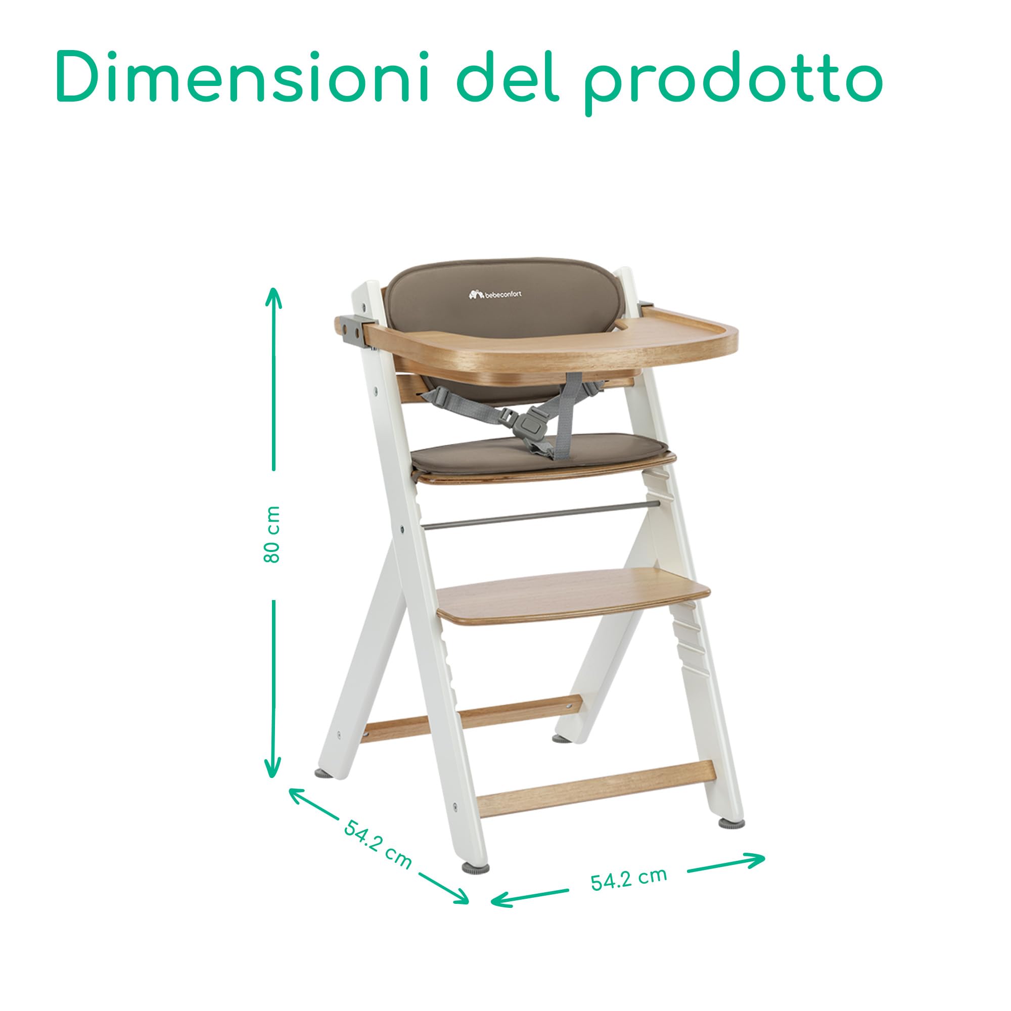 Bebeconfort Timba 2 con Cuscino, Seggiolone Pappa Evolutivo in Legno, 6+ Mesi, Fino a 110 kg, Sedia Evolutiva Ergonomica, Regolabile in Altezza, Vassoio Amovibile, Natural Wood + Cuscino