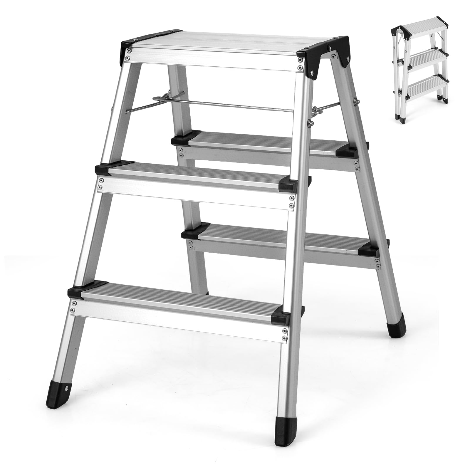 COSTWAY Escalera Plegable de Mano Aluminio, Escalera de Aluminio con 3 Peldaños Pedales Anchos y Patas Antideslizantes, Escalerita Ligera y Portátil para Hogar, Garaje, RV, Carga Máxima 150 kg
