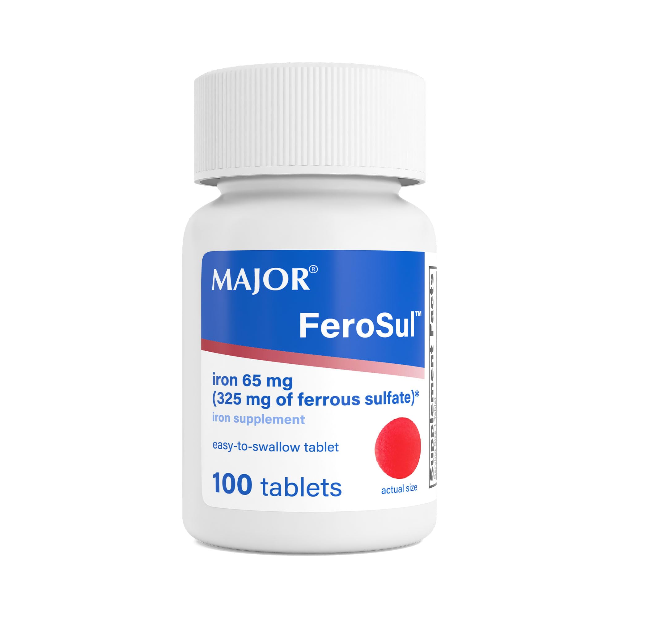 Major Ferosul - Ferrous Sulfate 325mg Tablets with 65mg of Elemental Iron - Iron Supplement for Women, Men - Red - 100 Count
