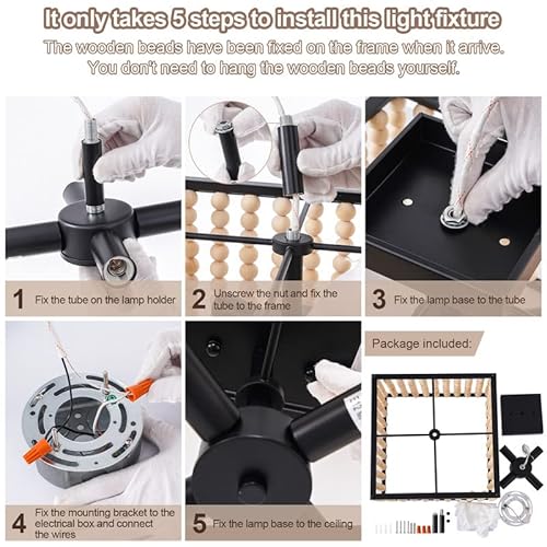 No Hang Beads Required Boho Light Fixture, 4-Light Square Wood Bead Semi Flush Mount Ceiling Light,Rustic Wood Beaded Farmhouse Light Fixtures For Bedroom Entryway Hallway,Oak&Black #TOP6