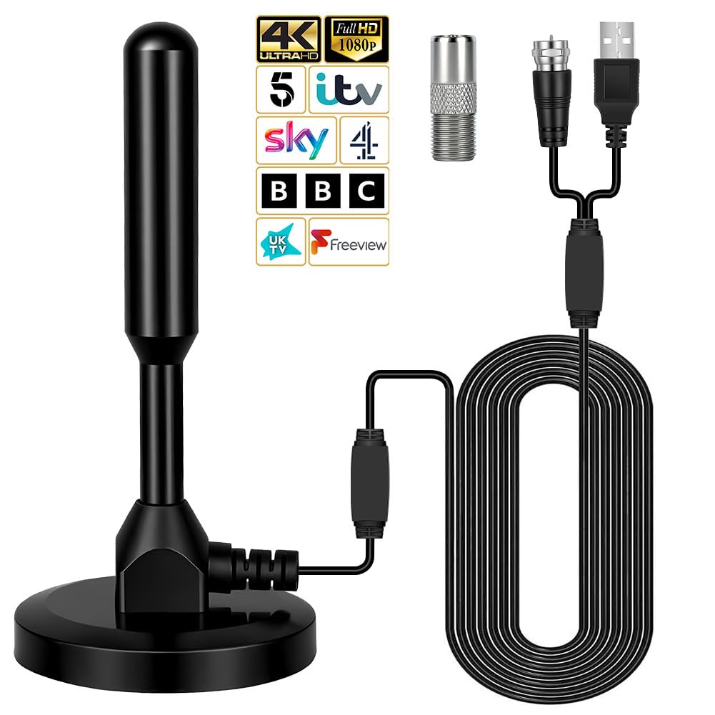 Antenna Tv Interna Amplificata Potente, Antenna TV Digitale HD, 360° Segnale Ricezione con Base Magnetica, Cavo Coassiale 5M per Smart TV/Radio