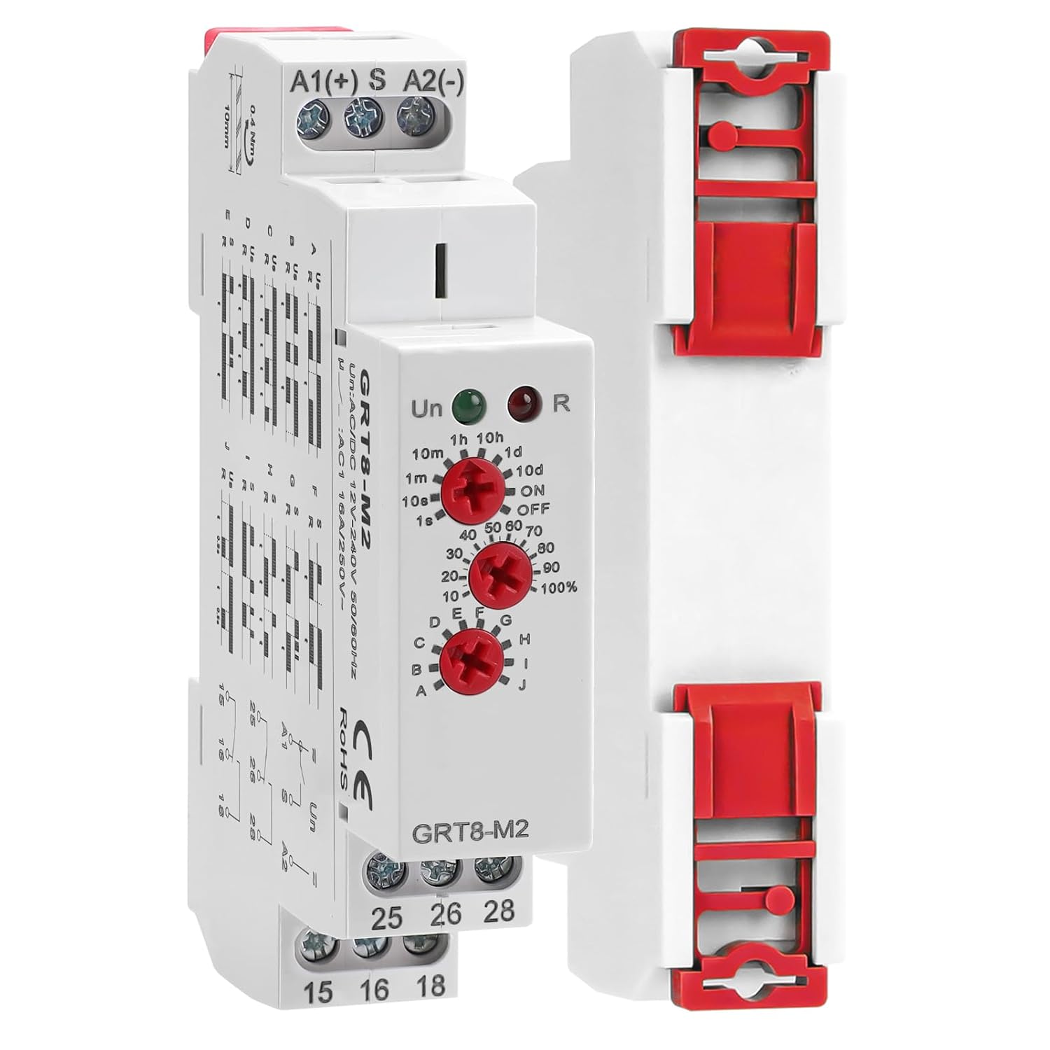 Multifunction Time Delay Relays 2 Outputs AC DC 12V-240 Volt, 16A Mini Adjustable Timer Switch ON Off, GRT8-M2 with 10 Electrical Timers Relay Control Delay Function for 1 Minute to 10 Days, Din Rail