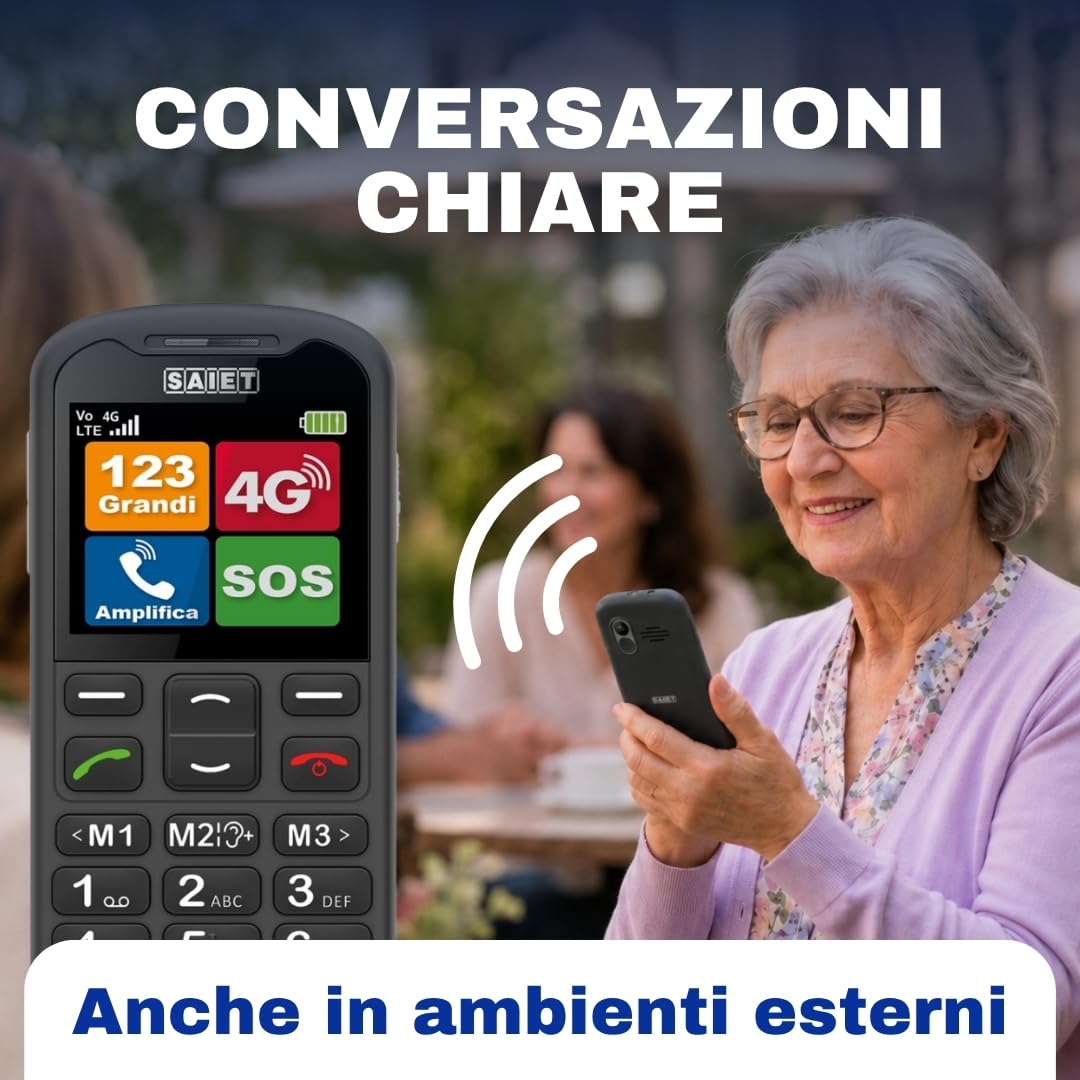 SAIET Next 4G Cellulare per Anziani con SOS, Tasti Grandi e Audio Forte | Telefono 4G VoLTE con Tasto SOS a 5 Numeri, Foto Contatti e Base di Ricarica, Display 2.2 a Caratteri Grandi - Nero