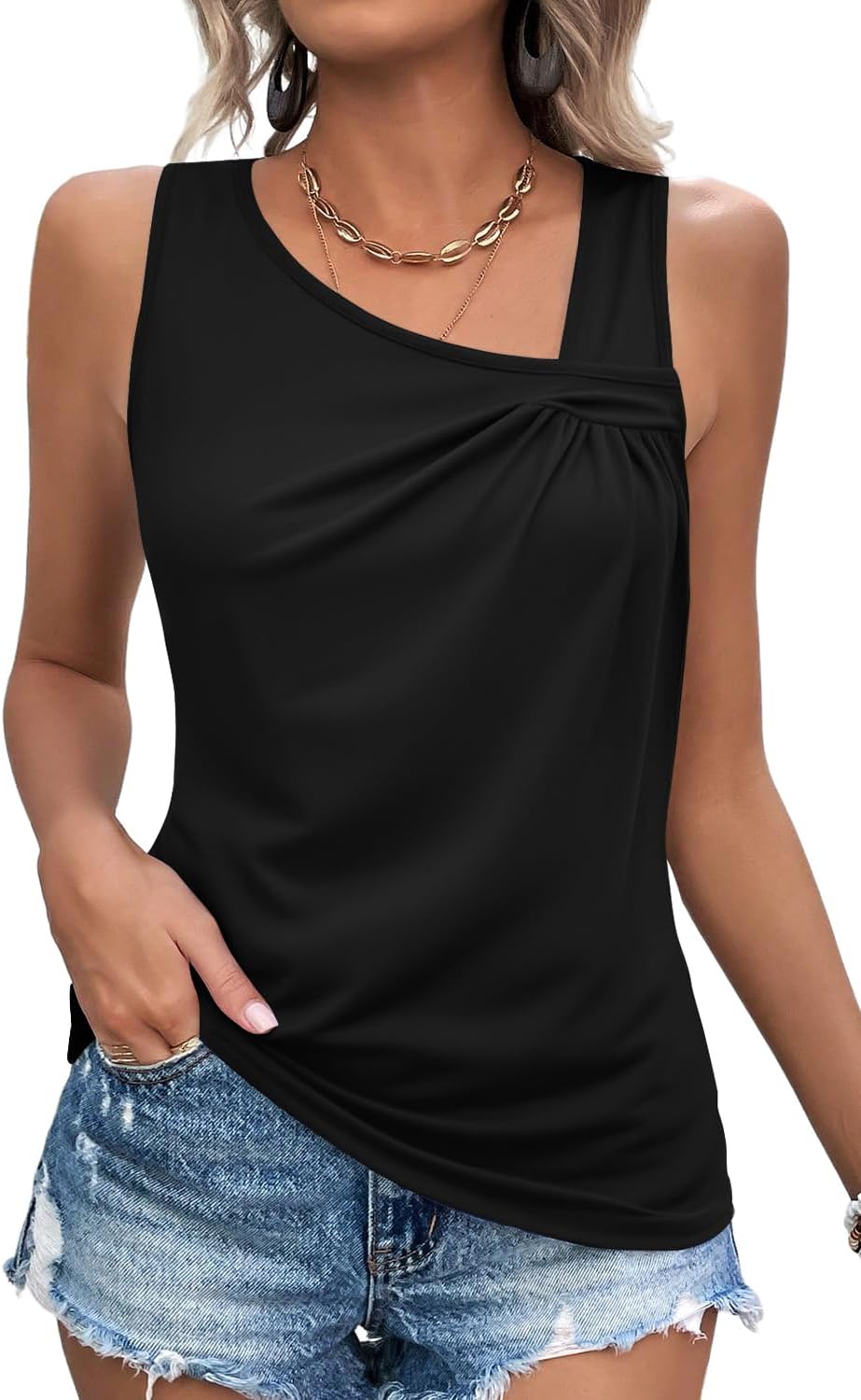 LOLONG Womens Tank Tops Summer Sleeveless Asymmetrical Neck Pleated Tops Casual Shirts