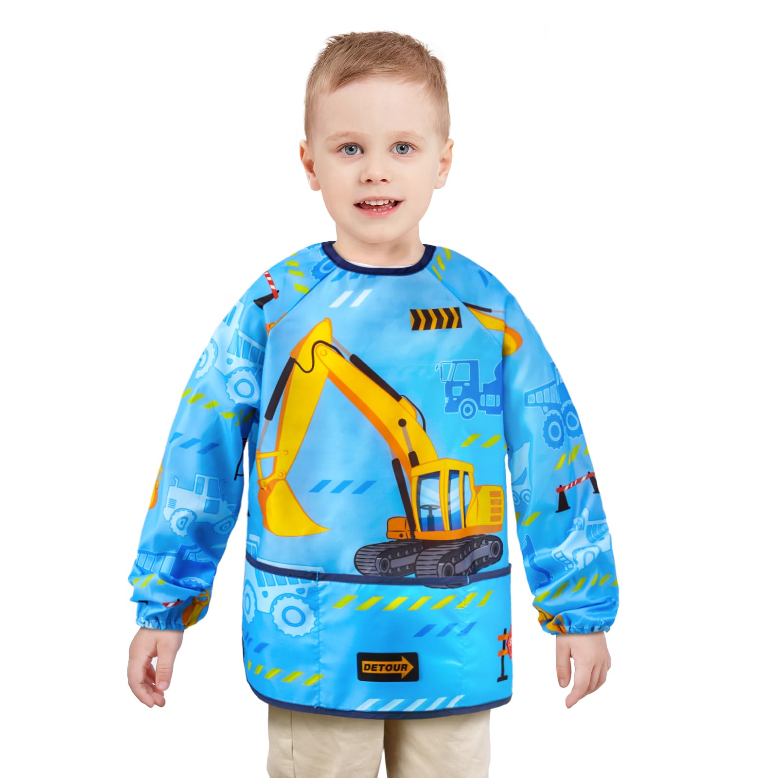 WERNNSAI Truck Art Smock for Kids- Kids Aprons for Girls Waterproof Toddler Art Smock Painting with Long Sleeve and 3 Pockets Little Boys Painting Eating Cooking Baking Gardening Water Play Apron