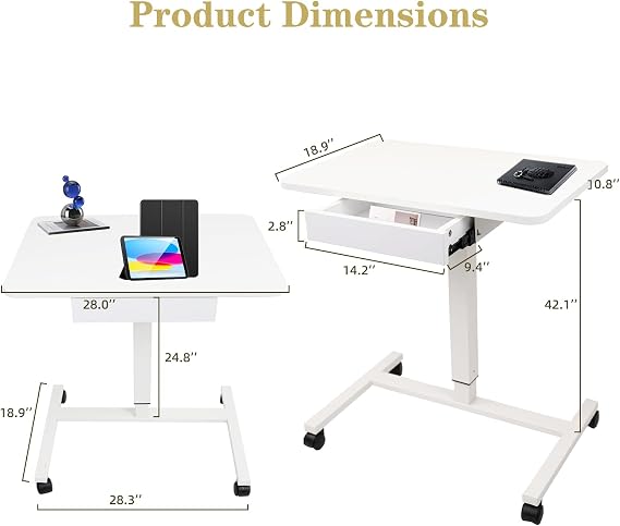 CLATINA Mobile Laptop Standing Desk, Height Adjustable Teacher Podium with Lockable Wheels, Adjustable Work Table with Drawer, Computer Cart Overbed Table for Home, Office, Classroom, White