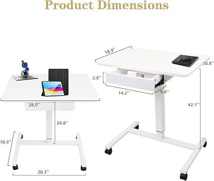 CLATINA Mobile Laptop Standing Desk, Height Adjustable Teacher Podium with Lockable Wheels, Adjustable Work Table with Drawer, Computer Cart Overbed Table for Home, Office, Classroom, White