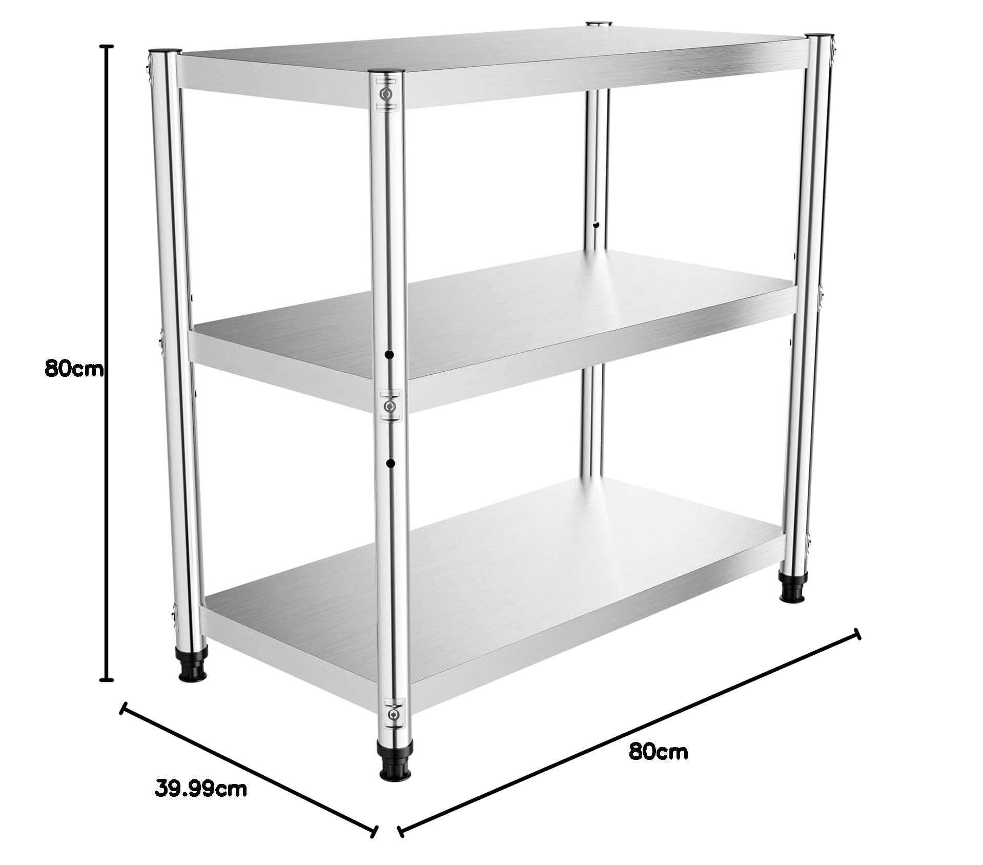 Estantería de acero inoxidable de 3 niveles, mesa de trabajo y cocina ajustable, 80 x 40 x 80 cm, soporta 30 kg