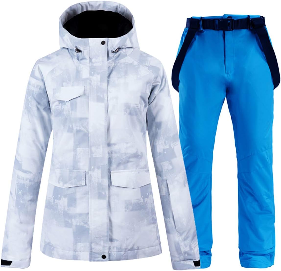 Women's 2 Pcs Gray Ski Jacket Outdoor Mountain Windproof Waterproof Snow Snowboard Coat with Ski Bib Pants Set