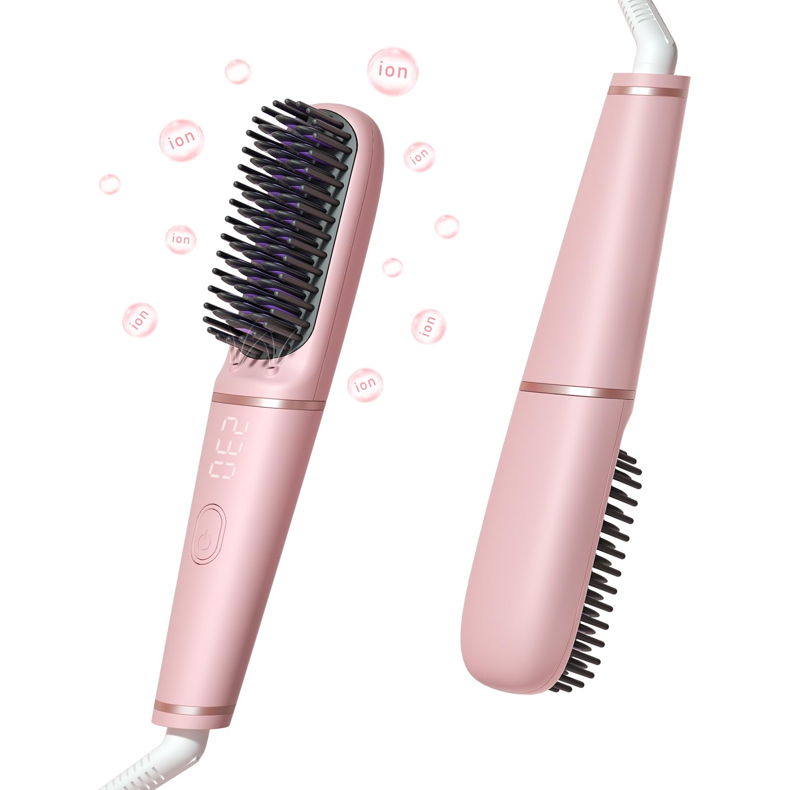 Ionic Hair Straightening Brush|Portable Hot Comb, Pro 450 Million Negative Ions, 25s Heat-up&Safe Auto-Off, 9 Tempdisplay&Dual Voltage, Sandwich Anti-Scald Comb Teeth, for Travel&Home(Pink)