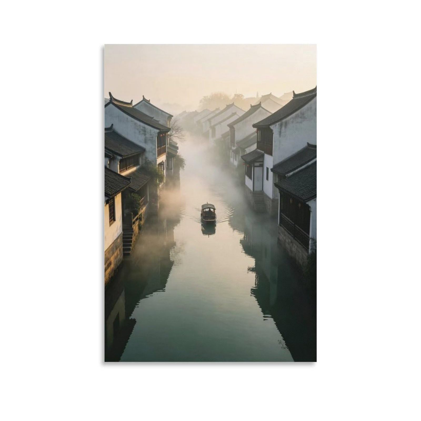 IEJKLUVWX Misty Canal Boat Wall Pictures Foggy Riverside Dwelling Premium Canvas Vibrant Colours High Definition for Living Room Sofa Background Gift Buyer Original 20x30inch(50x75cm)