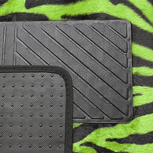 Oxgord 4 Piece Zebra Print Carpet-Floor-Mats Set For Car - Rubber-Lined All-Weather Heavy-Duty Protection For All Vehicles, Lime Green/Black #TOP2