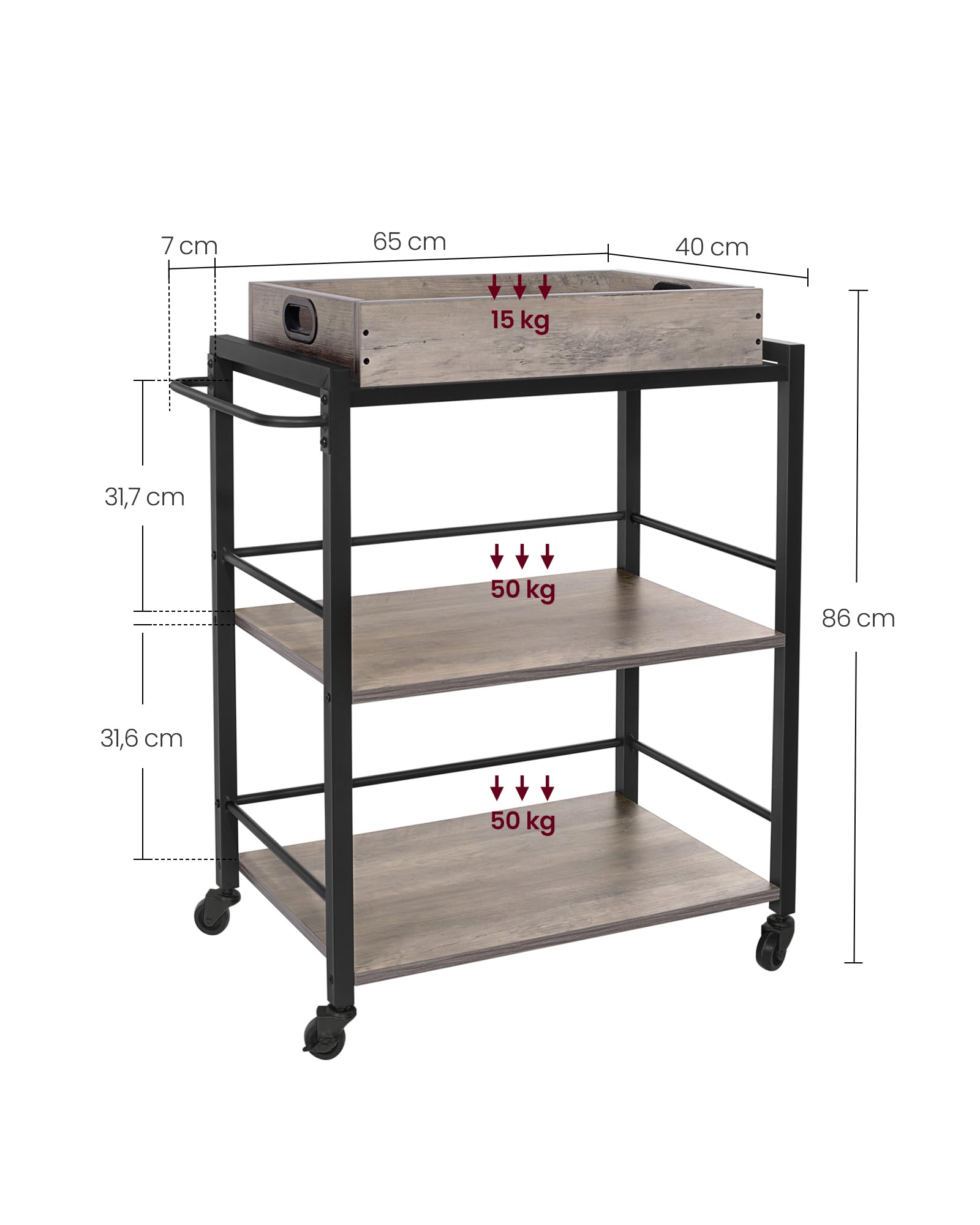 VASAGLE Carrello da Cucina con Vassoio Rimovibile, 40 x 72 x 86 cm