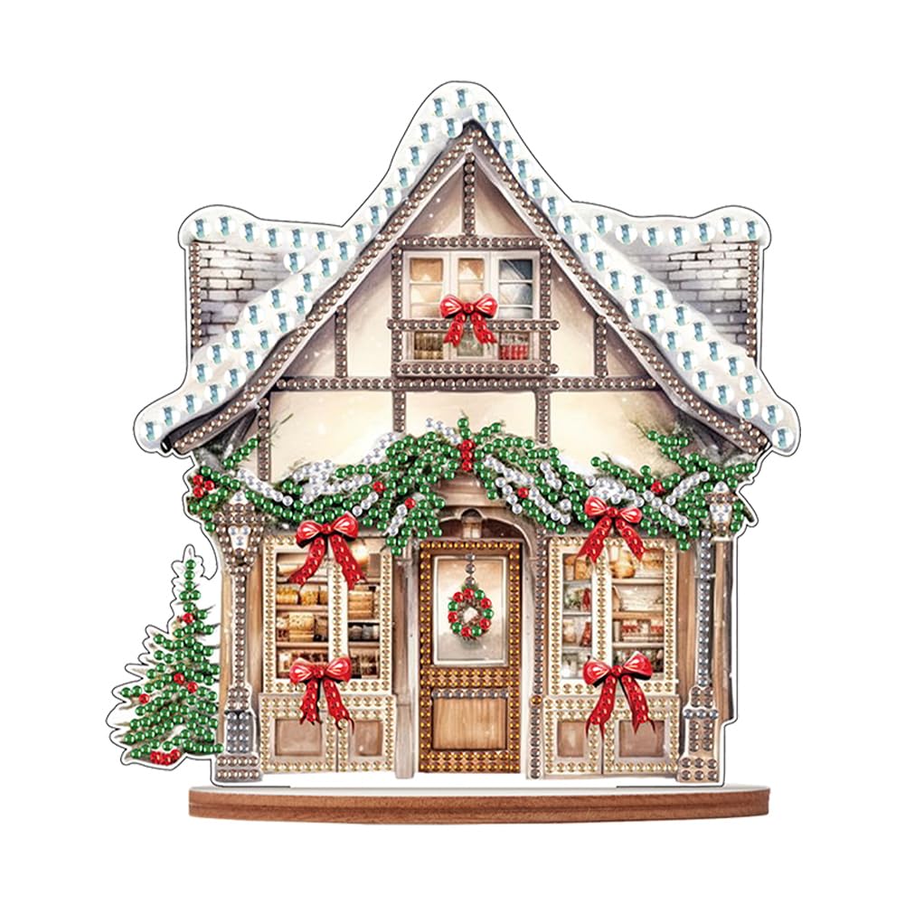 Diamond Art Kits for Adults Christmas Diamond Art Desktop Kits, 5D Diamond Painting Kit with Special Shaped Diamond Dots, Wooden Tabletop Stand Holiday Craft Gift(Xmas Shop-D)