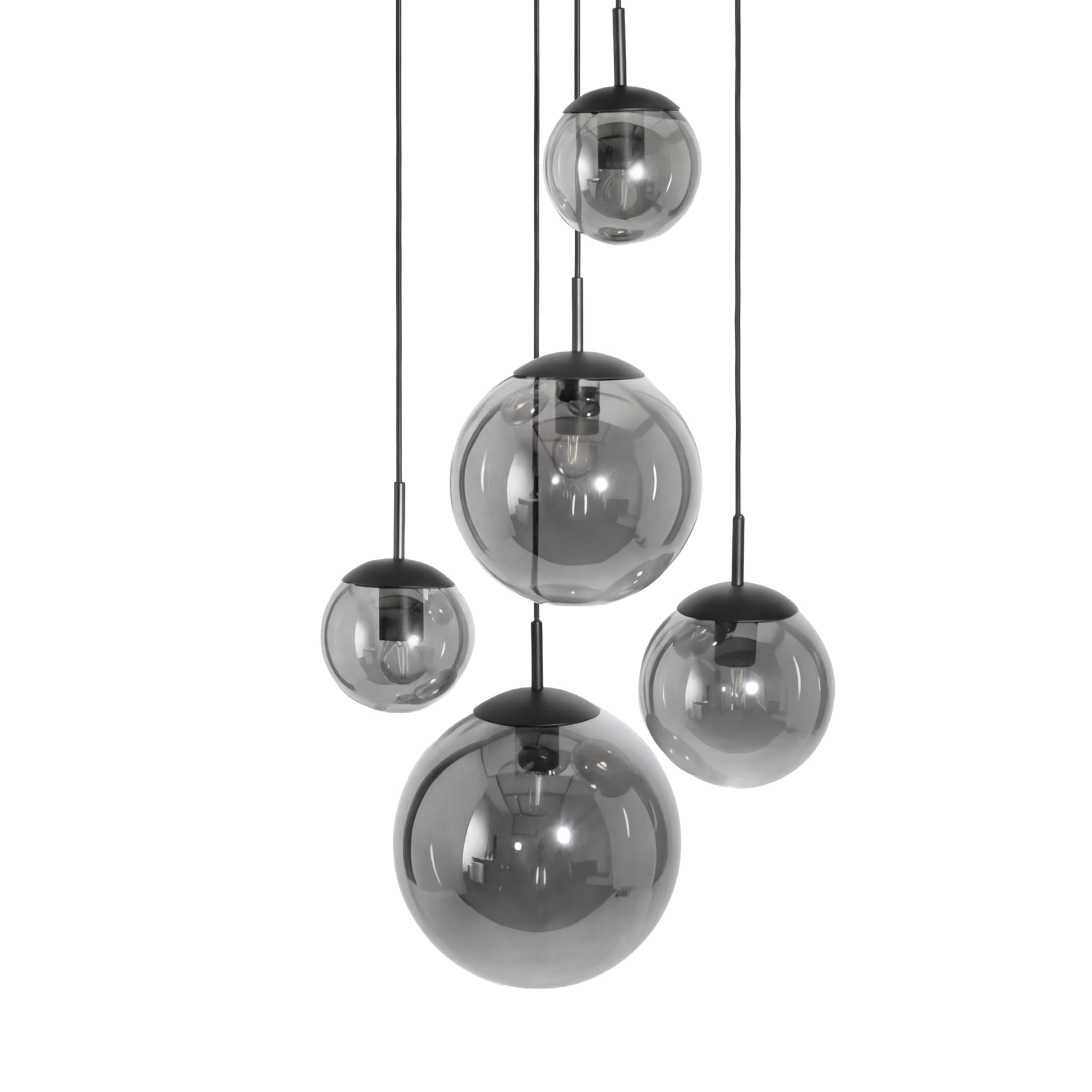 Pendelleuchte Vetro, Glas Hängelampe 5-flammig, rund, Schwarz | Modern, bis 320 cm höhenverstellbar, Esszimmer, Wohnzimmer, Treppenhaus, Ø 38 cm, Rauchglas, Cluster, Leuchtmittel inklusive