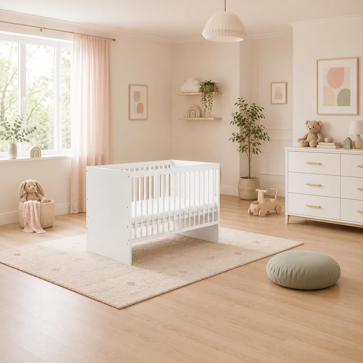 Lit Tany Blanc 120 x 60 cm - Lit bébé avec sommier à Lattes 3 Niveaux réglables en Hauteur - Bois de pin laqué