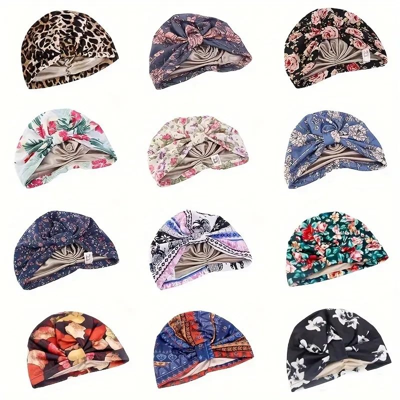 Gorro de quimioterapia preatado, turbante, con forro de satén, estilo alopecia, pañuelo para la cabeza, Azul Marino Y Blanco, Talla única