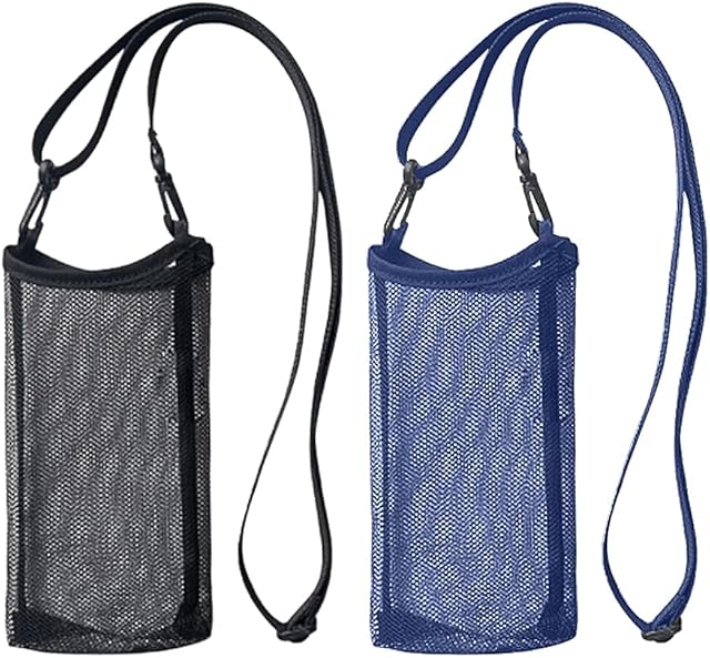 GiantGo Water Bottle Holder Water Bottle Carrier with Adjustable Shoulder Strap, Bottle Mesh Bag for Sports Gym Hiking Jogging Walking, Black and Navy Blue