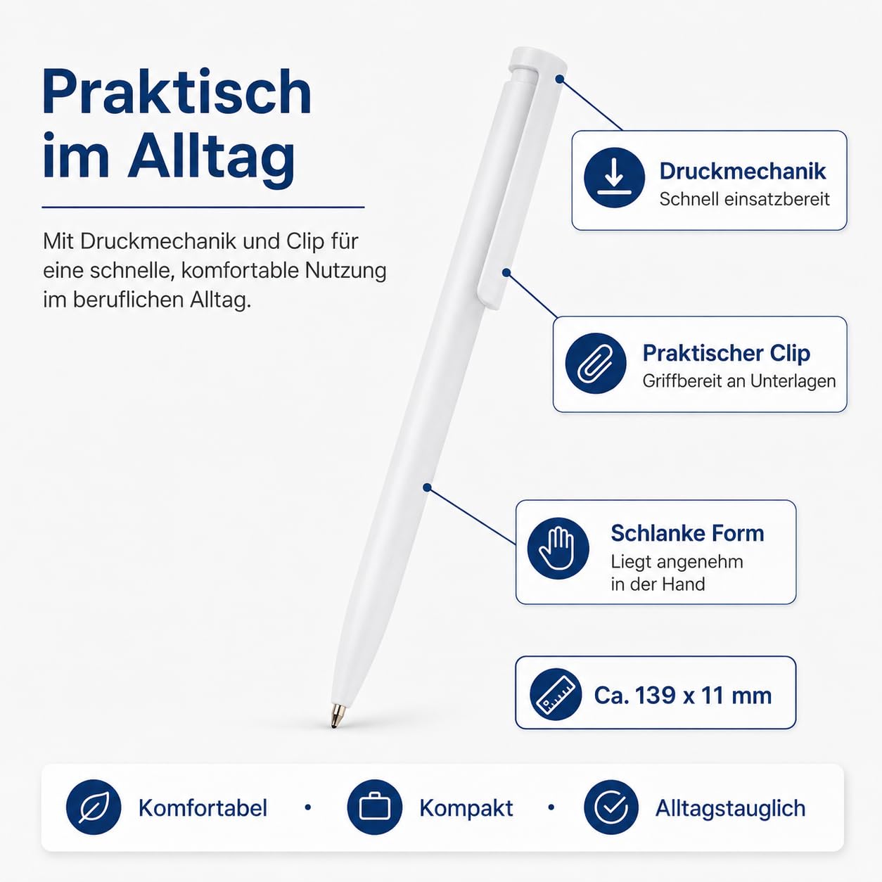 Antibakterielle Kugelschreiber 100er Set weiß – blaue Mine mit Silberionen | Hygienisch ausgerüstete Oberfläche für gemeinsam genutzte Arbeitsplätze in Praxis, Empfang und Büro.