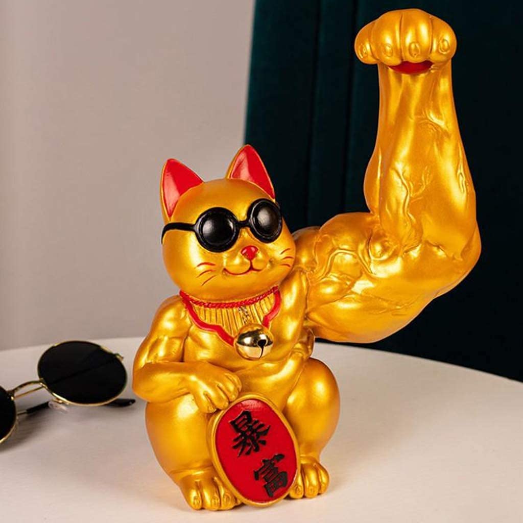 Lucky Cat Figurine Muscle Arm Cat Statue Feng Shui Fortune Sculptures Wealth Good Luck Statue For Home Hotel Ornament - Golden