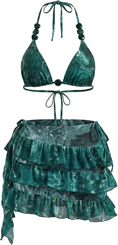 Verdusa Women's 3 Piece Printed Halter Bikini Sets Ruffle Bathing Suit