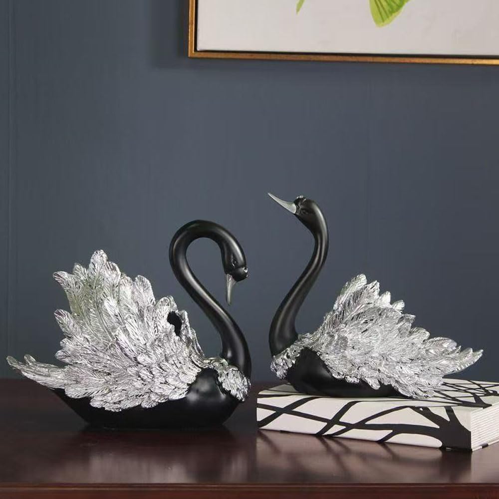 Hosoncovy Resin Swan Sculpture Statue Ornament Figurine Set of 2,Couple Swan Home Decoration Room Desktop Countertop Decor (Black)