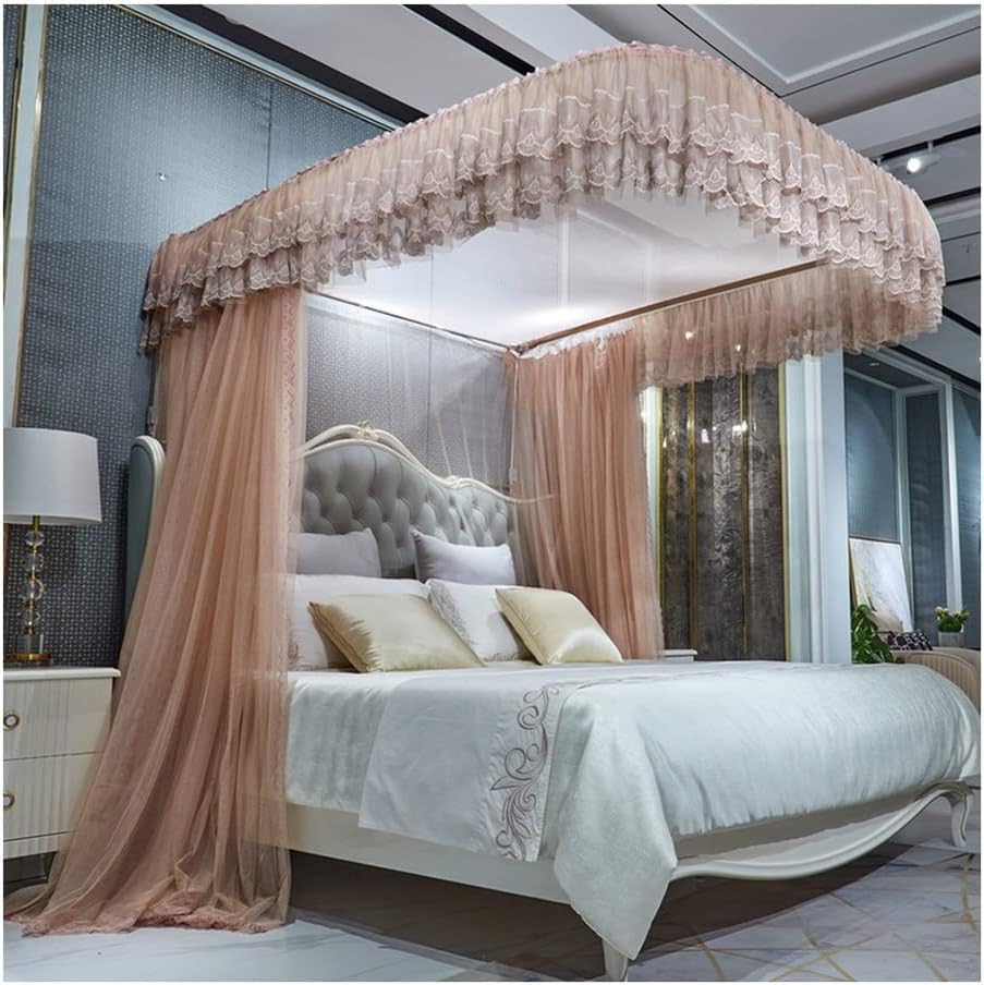 Moustiquaire de lit à baldaquin de luxe et rideau en dentelle avec support