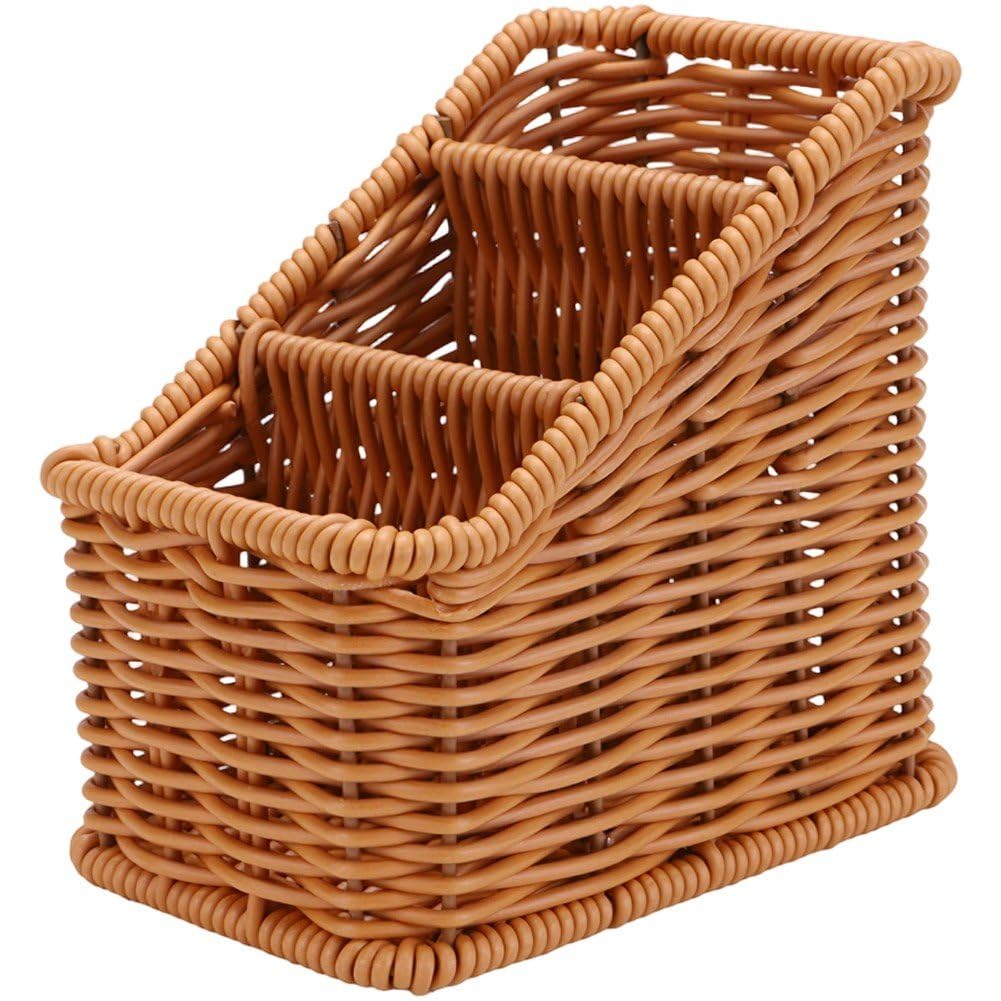 Caeanhi 3 Compartments Remote Control Holder Desktop Imitation Rattan Multi-functional Storage Basket Utensil Divider Basket for Home
