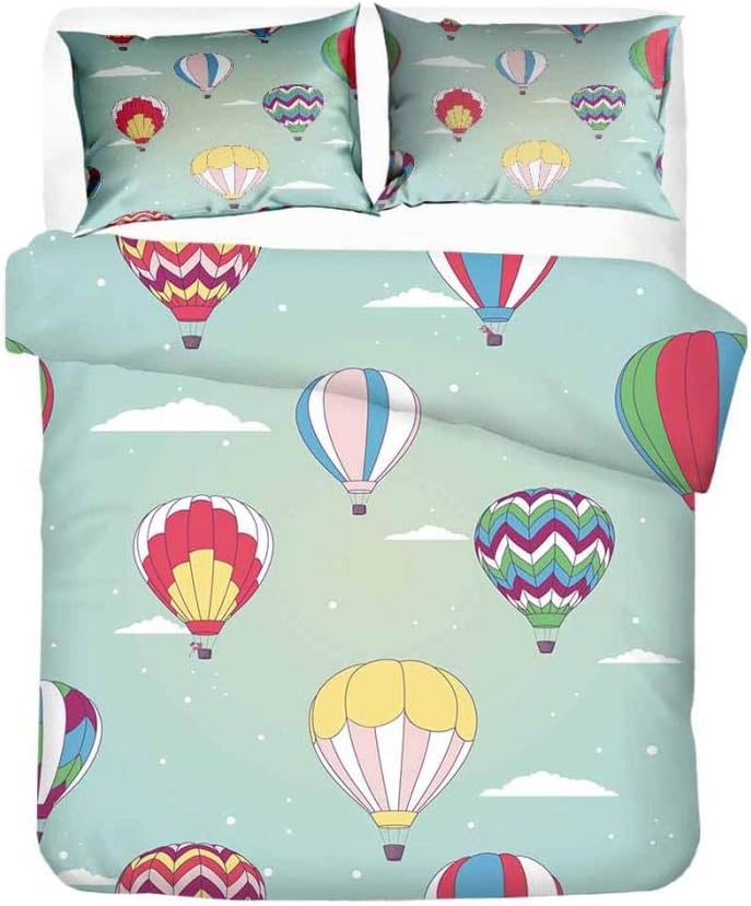 Funda de edredón Globo de aire caliente de nube blanca roja verde oscuro Microfibra Juego de Cama con Cierre de Cremallera 240xmx220cm 2 Fundas de Almohada 50cmx75cm para Adolescentes niños y niñas