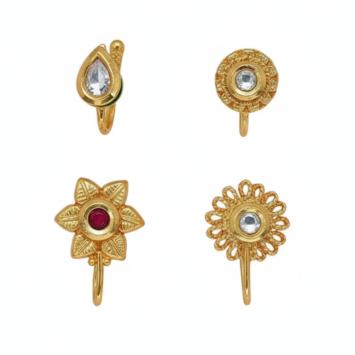 Set of 4 Gold-Plated Kundan Nose Pin for Women and Girls, White Kundan Stone-Studded Delicate Floral Minimal, Teardrop Crystal Design Nosepin, Lightweight Traditional Jewellery-image-28