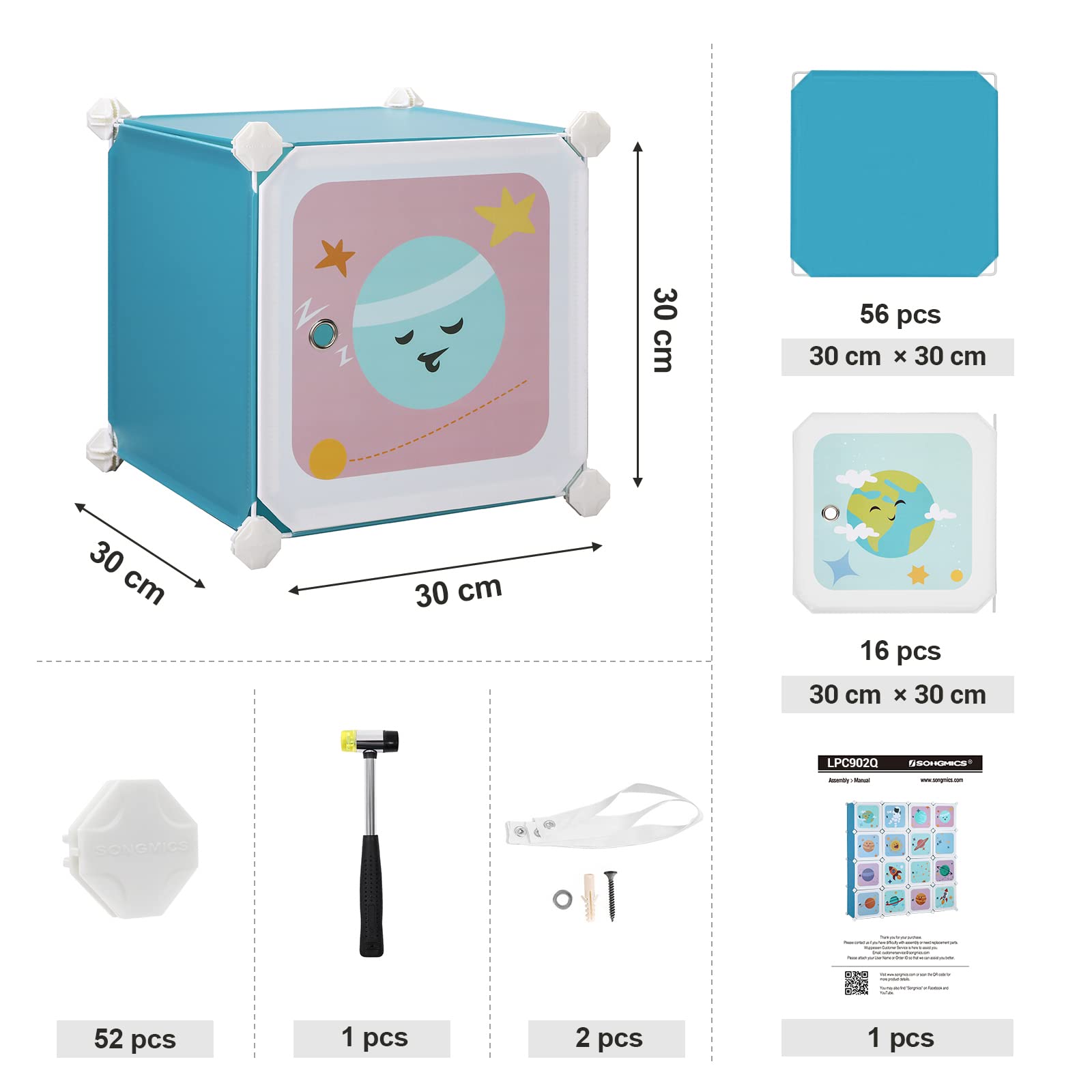 SONGMICS Regalsystem mit 15 Würfeln, Aufbewahrungsschrank für Kinder, Steckregal, Schuhregal aus Kunststoff, Kleiderschrank mit Türen, Mehrzweck, Schuhe, Spielzeug, 153 x 31 x 153 cm, blau LPC902Q01