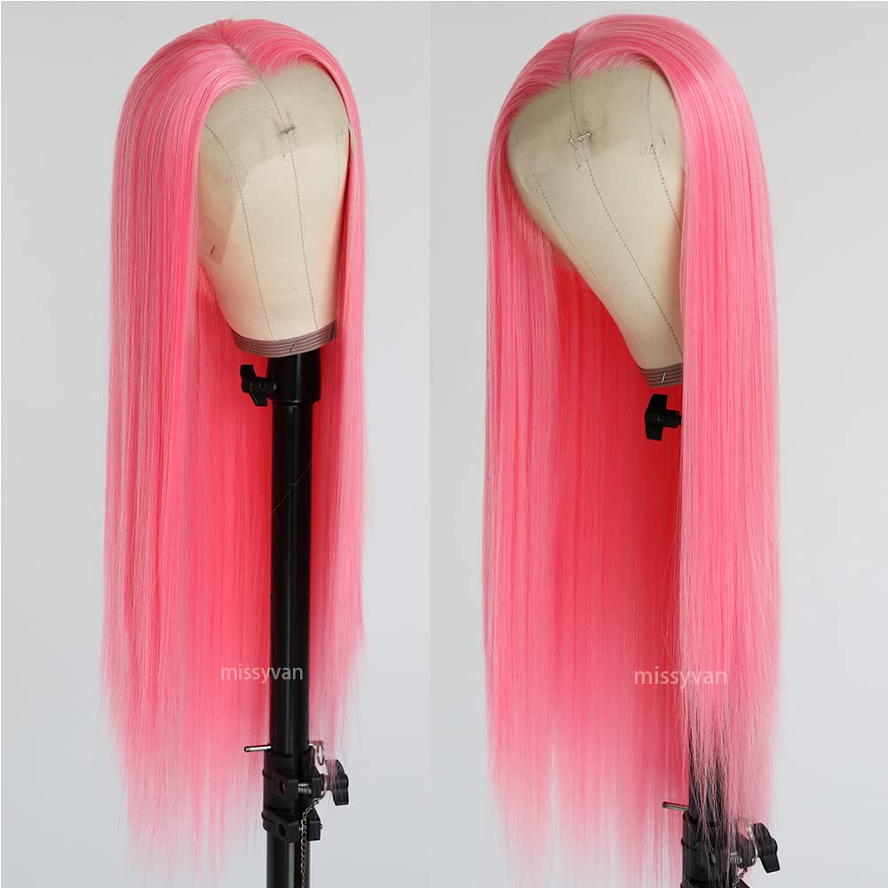Missyvan Lace Front Wig Long Straight Pink Hair Wig Mix Pink Red Color Synthetic Hair Light Pink Hair Glueless Lace Wigs Heat Resistant Hair Natural Hairline