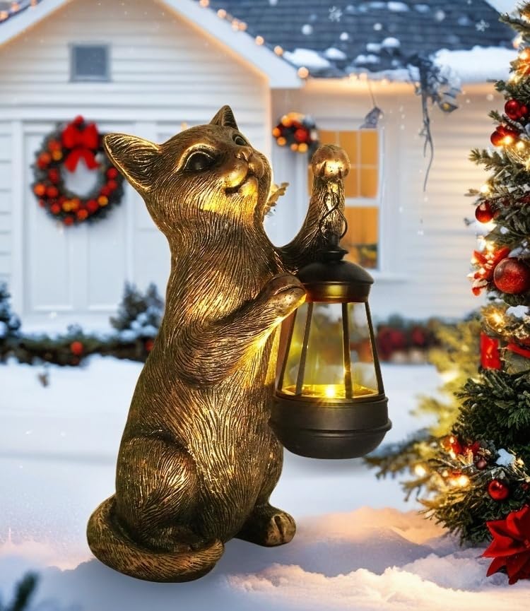 HONGLAND Cat Outdoor Statues Garden Decor, Cat Figurines Solar Lantern Lights, Birthday Gifts for Mom, Front Patio Balcony Yard Art Lawn Ornaments Porch Outdoor Decorations - Image 9