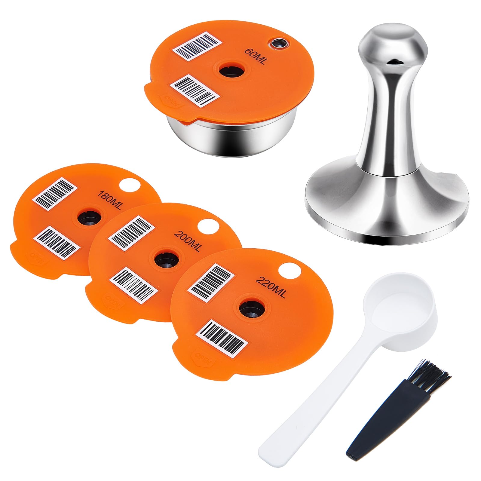 ANTREATU Reusable Coffee Pods with Coffee Tamper & 4 Silicone Lids (220mL/200mL/180mL/60mL) - Stainless Steel Coffee Pods Refillable Coffee Capsules Compatible with Tassimo Machines