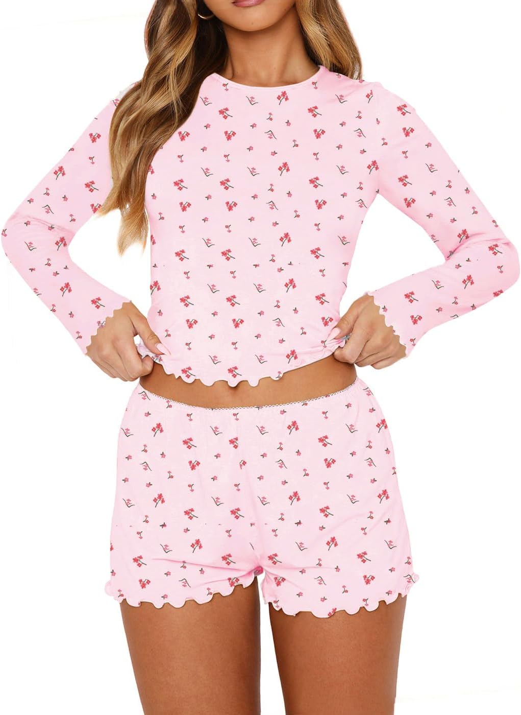 Dressmine Women Cute Pajamas Set 2 Piece Sets Casual Y2k Long Sleeve Tops Sleepwear 2026 Spring PJ Shorts Sets Clothes