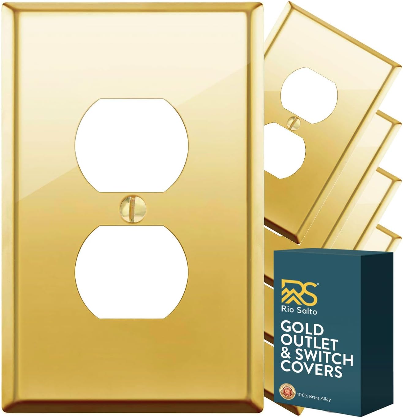 Rio Salto BRASS Polished Gold Duplex Outlet Cover MID SIZE Light Switch Cover Wall Plate Corrosion Resistant Single Duplex Metal Receptacle Wallplate Covers (1 Gang Single Gang Duplex 5 Pack)