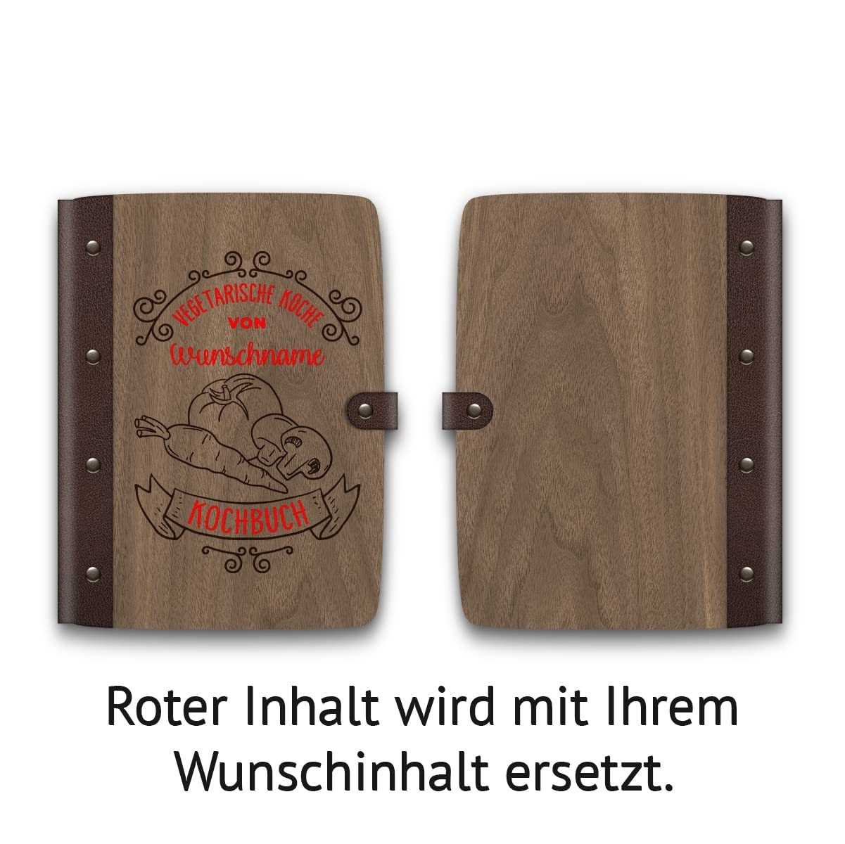 Notizbuch, Rezeptbuch, Rezeptordner Holzcover mit Echtleder Rücken 72 Blatt | 144 Seiten A5 hoch 158x222mm Nussbaum Amerikanisch - Kochbuch vegetarisch