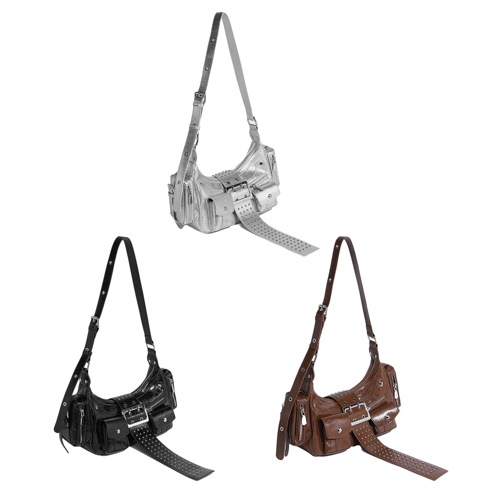 [Tertioi] Bolso de mano de piel sintética para motocicleta punk, bolsa de hombro para uso diario, con cremallera, bolso cruzado con cremallera, estilo motocicleta