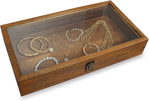 MOOCA Wood Glass Top Jewelry Display Case Accessory Storage Wooden Jewelry Tray Collectible Home Organizer Box with Metal Clasp and Tempered Glass Top Lid 2.75" Tall Brown