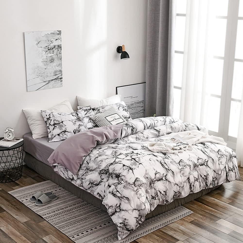Marbled Quilt Cover Pillowcase Bedding Set Comfortable Bedding EU Double Size (Marble - White)