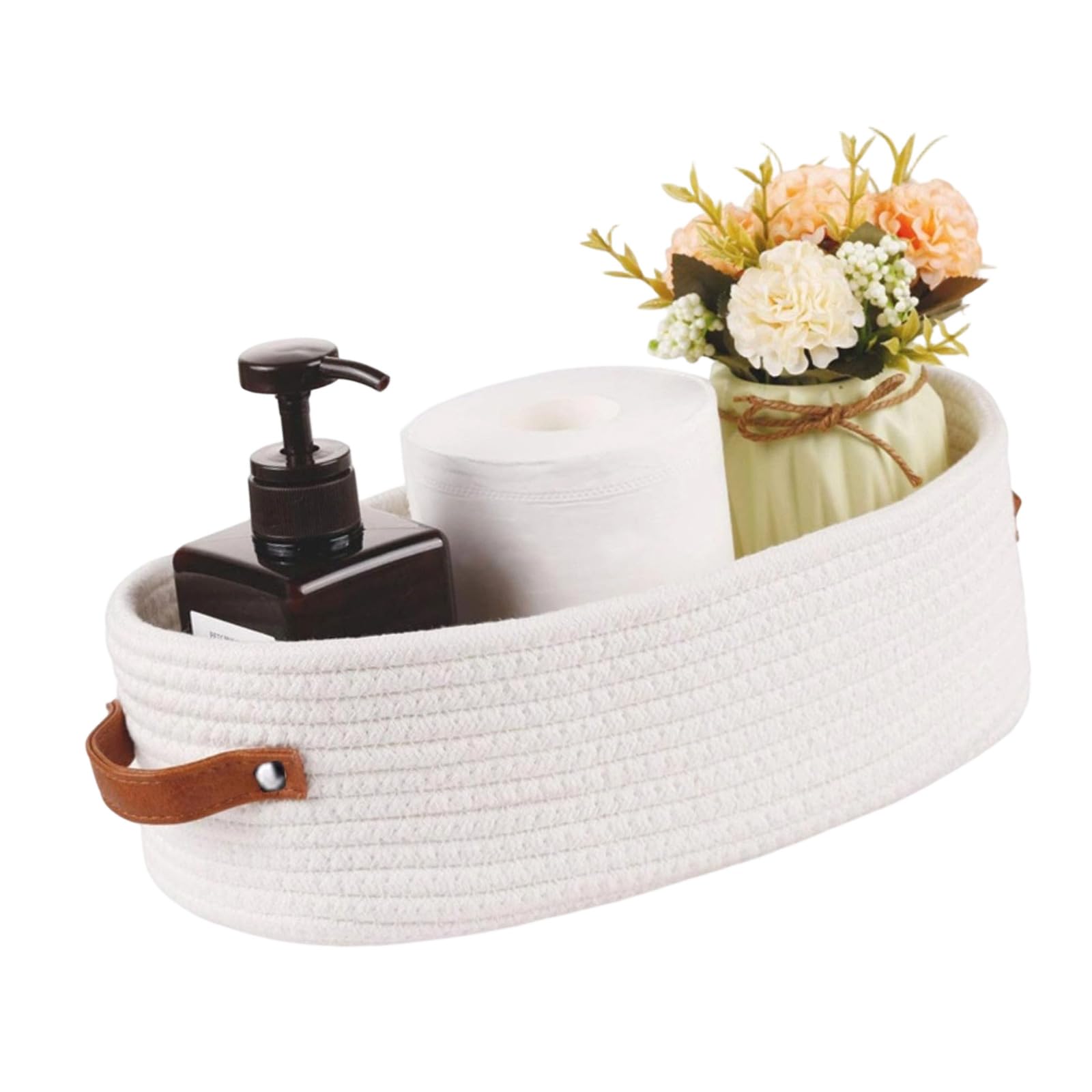 Stylish Oval Shape Handwoven Cotton Rope Basket with Soft Leather Handles for Clothes Toy Storage Cotton Rope Storage Basket with Leather Handle