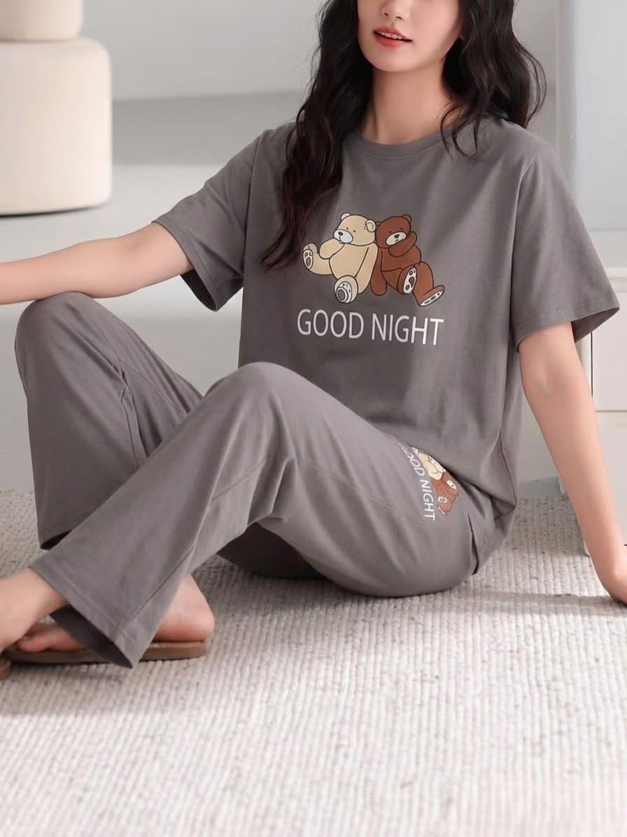 SMOWKLY Conjunto de pijama de dos piezas de mezcla de algodón de alta calidad con bonito estampado para mujer, camiseta elegante con pantalón de pijama, ropa de descanso cómoda