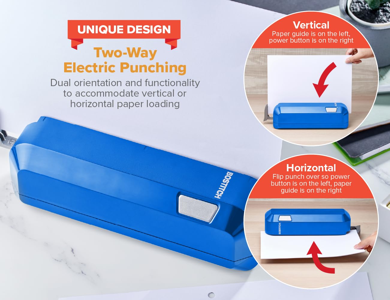 Bostitch Office Elektrischer 3-Locher, doppeltes Papierladen, robust, Kapazität 20 Blatt ohne Papierstau, AC-Adapter oder batteriebetrieben, platzsparend, Blau (EHP20-BLUE)