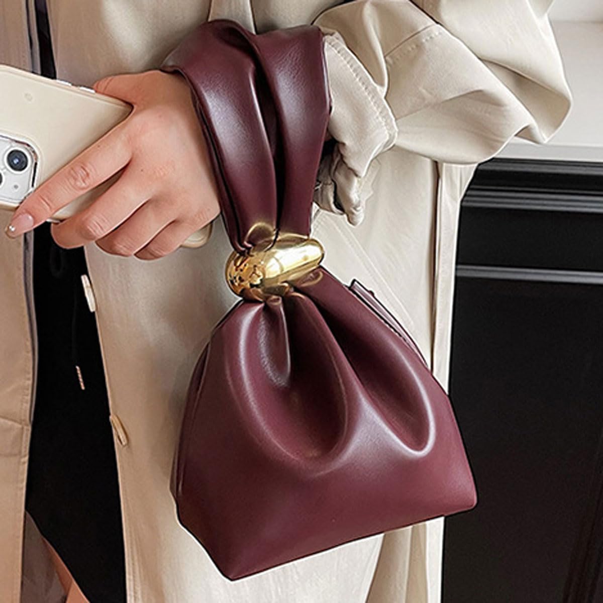 Chic Wristlet Purse Leather Handbag for Women Girl Metal Knot Party Clutch Zipper Mini Bucket Bags, Wine
